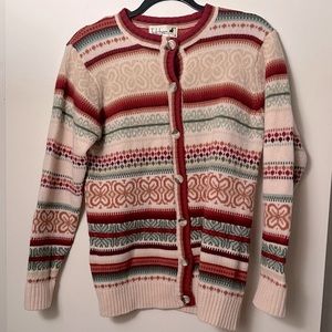 Tulchan Cream RedGreen Floral 100%Wool Women’s Button Down Winter Sweater Size M